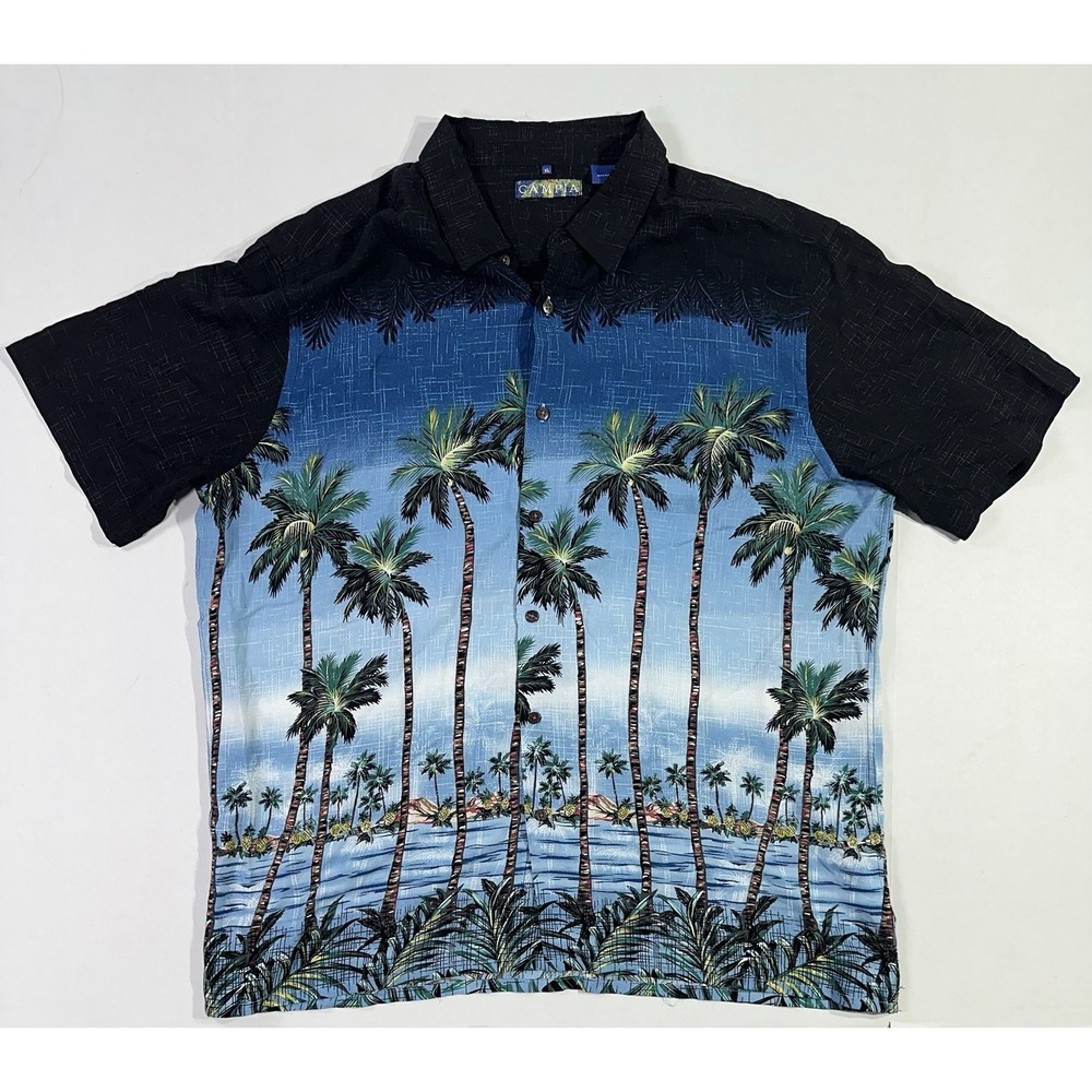 Campia Moda Hawaiian Shirt XL Palm Tree Ocean Print Black Blue Rayon Aloha